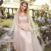 Elegant Evening Dresses  2018 A-Line / Princess Lace Flower Appliques Pearl Scoop Neck Backless Sleeveless Floor-Length / Long Formal Dresses
