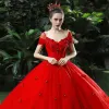Schöne Rot Brautkleider 2018 Ballkleid Applikationen Perlenstickerei Strass V-Ausschnitt Rückenfreies Ärmellos Königliche Schleppe Hochzeit