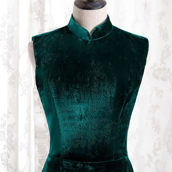 Chinese style Dark Green Cheongsam / Qipao Trumpet / Mermaid Evening Dresses 2021 High Neck Sleeveless Suede Evening Party Floor-Length / Long Formal Dresses
