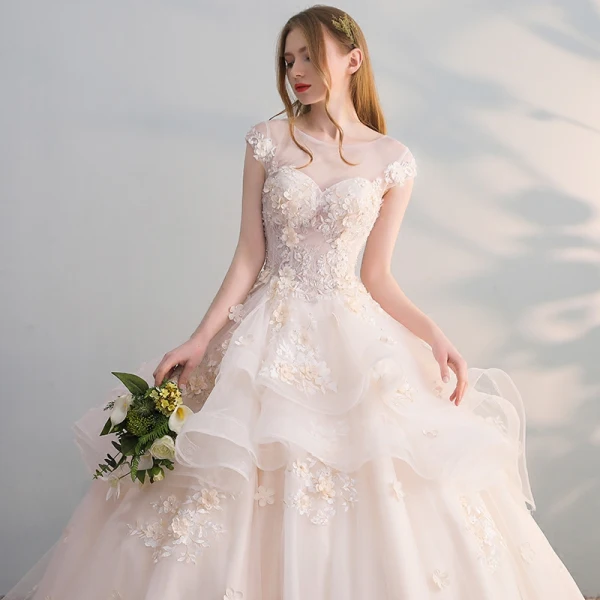 Chic / Beautiful Champagne Wedding Dresses 2018 Ball Gown Lace Appliques Pearl Sequins Scoop Neck Backless Cap Sleeves Cathedral Train Wedding
