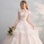 Chic / Beautiful Champagne Wedding Dresses 2018 Ball Gown Lace Appliques Pearl Sequins Scoop Neck Backless Cap Sleeves Cathedral Train Wedding