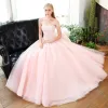 Chic / Beautiful Blushing Pink Beading Prom Dresses 2018 Ball Gown Sequins Sweetheart Backless Sleeveless Floor-Length / Long Formal Dresses