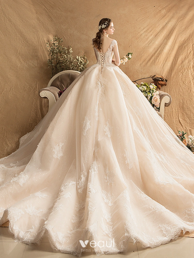Luxury Gorgeous Champagne Wedding Dresses 2019 A Line Princess Scoop Neck Beading Pearl Rhinestone Lace Flower Long Sleeve Backless Cathedral Train