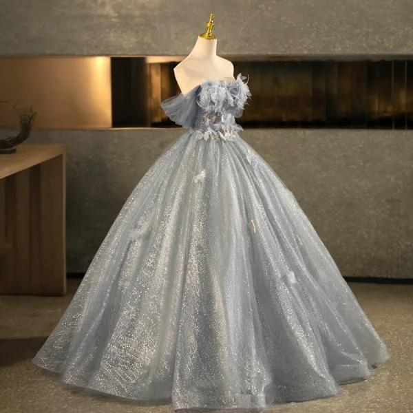 Bling Bling Grey Butterfly Appliques Sequins Tassel Prom Dresses 2025 Ball Gown Off-The-Shoulder Short Sleeve Backless Floor-Length / Long Formal Dresses