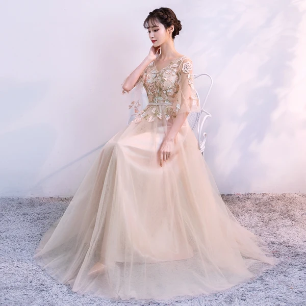 Chic / Beautiful Bridesmaid Dresses 2018 A-Line / Princess Appliques Beading Sash V-Neck Backless 1/2 Sleeves Floor-Length / Long Wedding Party Dresses