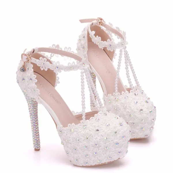 Elegante Weiß Brautschuhe 2018 Spitze Blumen Knöchelriemen Perle Strass 14 cm Stilettos Runde Zeh Hochzeit Hochhackige