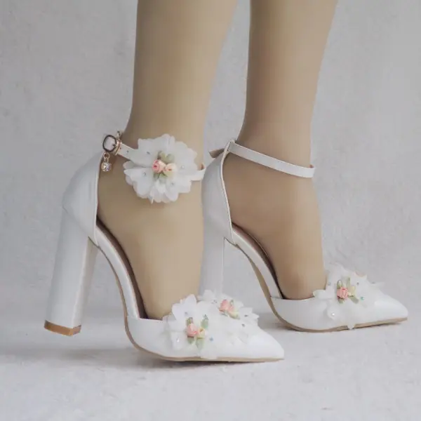 Modern / Fashion White Outdoor / Garden Womens Shoes 2018 Appliques Ankle Strap 10 cm Thick Heels Pointed Toe High Heels