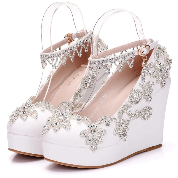 Mode Vita Casual Damskor 2018 Rhinestone Ankelband 10 cm Kilklackar Platåskor Pande Zote Toe