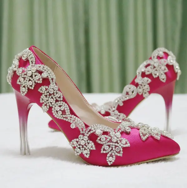 Chic / Beautiful Fuchsia Evening Party Pumps 2018 Rhinestone 8 cm Stiletto Heels Pointed Toe Pumps