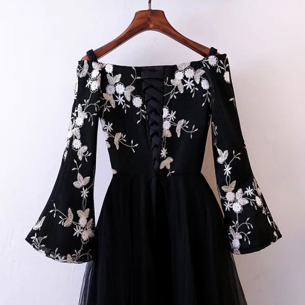 Chic / Beautiful Black Evening Dresses 2018 A-Line / Princess Lace Flower Off-The-Shoulder Long Sleeve Floor-Length / Long Formal Dresses