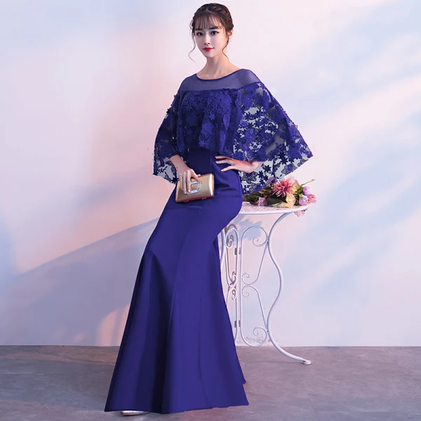 Élégant Robe De Soirée 2018 Trompette / Sirène En Dentelle Fleur Avec Châle Encolure Dégagée Longue Robe De Ceremonie