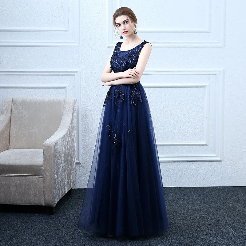 Elegant Navy Blue Prom Dresses 2018 A Line Princess Lace Flower Sequins  Scoop Neck Backless Sleeveless Floor Length Long Formal Dresses