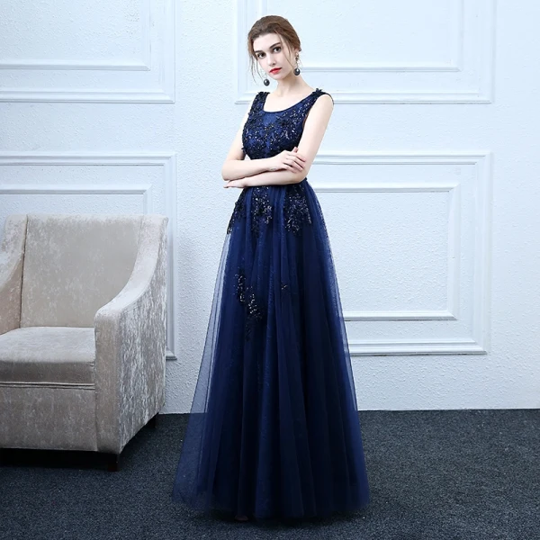 Elegant Navy Blue Prom Dresses 2018 A-Line / Princess Lace Flower Sequins Scoop Neck Backless Sleeveless Floor-Length / Long Formal Dresses