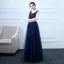 Elegant Navy Blue Prom Dresses 2018 A-Line / Princess Lace Flower Sequins Scoop Neck Backless Sleeveless Floor-Length / Long Formal Dresses