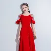 Chic / Belle Rouge Robe De Soirée 2018 Princesse Ceinture Encolure Dégagée Transparentes 1/2 Manches Longue Robe De Ceremonie