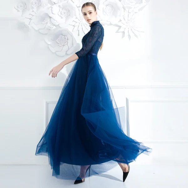 Style Chinois Bleu Marine Robe De Soirée 2018 Princesse Perlage Paillettes Noeud Col Haut 3/4 Manches Longueur Cheville Robe De Ceremonie