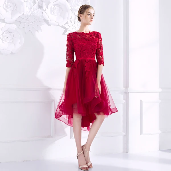 Chic / Beautiful Burgundy Homecoming Graduation Dresses 2018 A-Line / Princess Lace Appliques Sash Scoop Neck Backless 3/4 Sleeve Short Formal Dresses