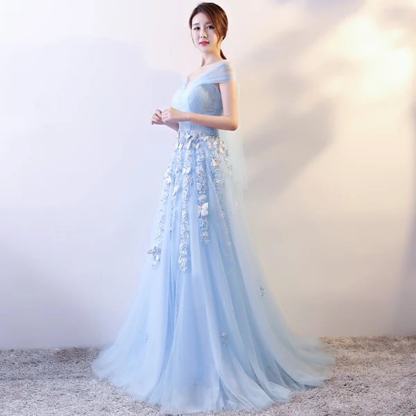 Elegante Himmelblau Abendkleider 2018 Empire Schmetterling Applikationen Schleife Stoffgürtel V-Ausschnitt Ärmellos Lange Festliche Kleider