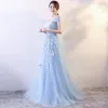 Elegant Sky Blue Evening Dresses  2018 Empire Butterfly Appliques Bow Sash V-Neck Sleeveless Floor-Length / Long Formal Dresses