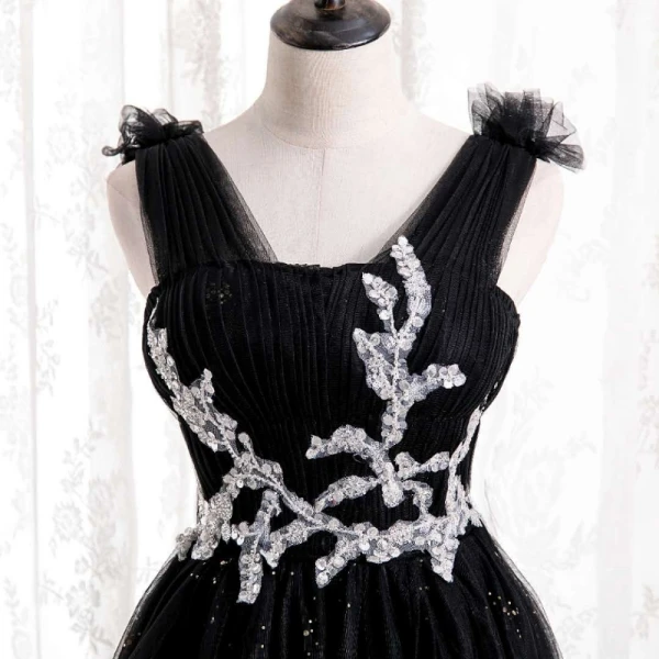 Chic / Belle Noire Robe De Bal 2021 Princesse V-Cou Volants Faux Diamant Paillettes Longue Sans Manches Dos Nu Robe De Ceremonie