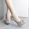 Sparkly Silver Wedding Shoes 2018 Flower Rhinestone Round Toe High Heels