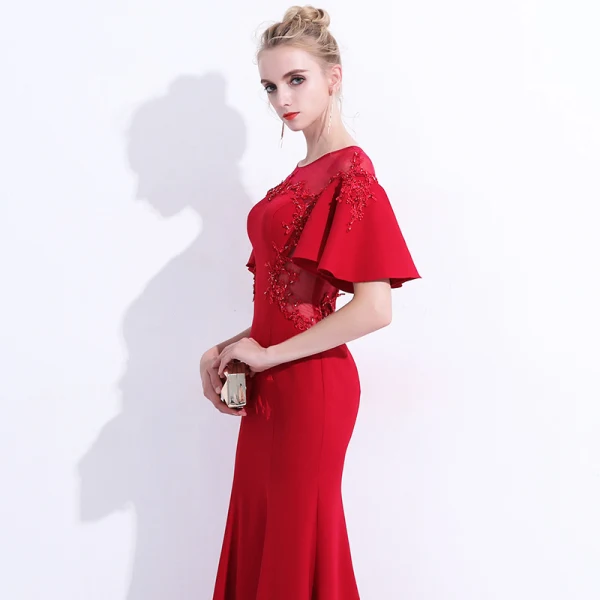 Chic / Beautiful Red Evening Dresses 2018 Trumpet / Mermaid Lace Appliques Beading Scoop Neck Backless Short Sleeve Floor-Length / Long Formal Dresses
