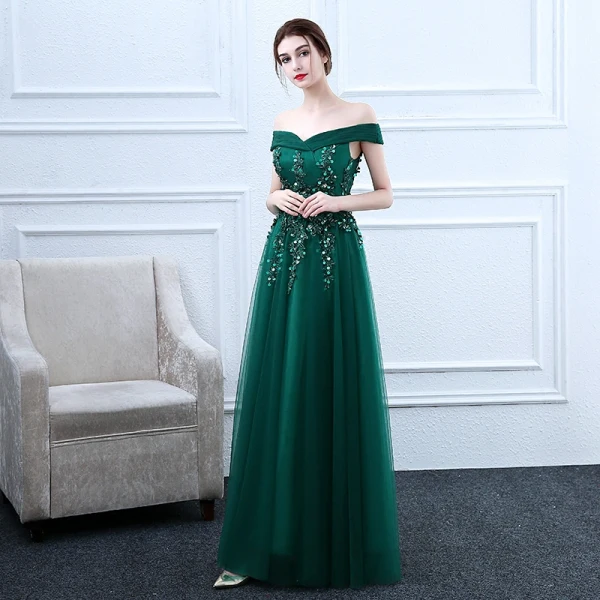 Chic / Beautiful Prom Dresses 2018 A-Line / Princess Lace Flower Beading Sequins Off-The-Shoulder Backless Sleeveless Floor-Length / Long Formal Dresses