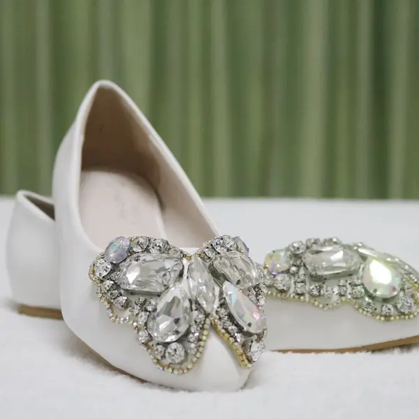 Fine Hvit Casual Damesko 2018 Krystall Rhinestone Rund Tå Flate