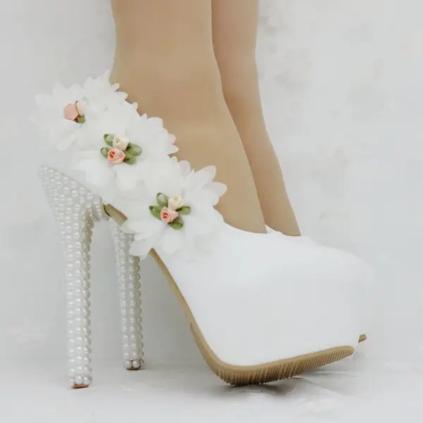 Modern / Fashion Ivory Evening Party Pumps 2018 Appliques 14 cm Pearl Stiletto Heels Round Toe Pumps