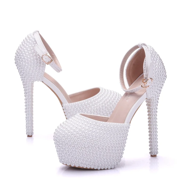 Modern / Fashion White Wedding Shoes 2018 Ankle Strap Pearl 14 cm Stiletto Heels Round Toe Wedding High Heels