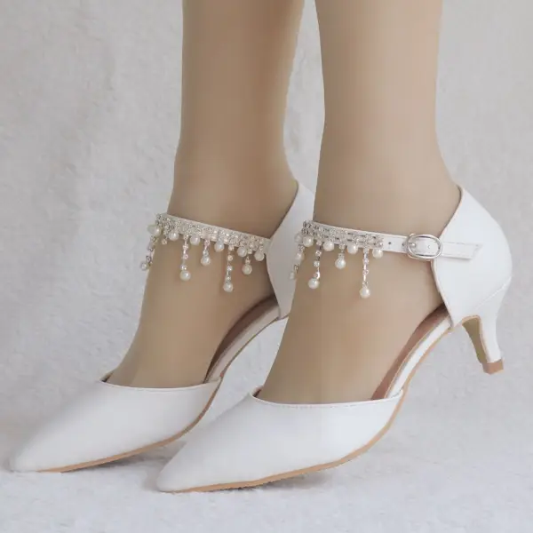 Chic / Beautiful White Wedding Shoes 2018 Pearl Rhinestone Tassel 5 cm Stiletto Heels Pointed Toe Wedding High Heels