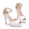 Modern / Fashion White Wedding Shoes 2018 Pearl Rhinestone Tassel 11 cm Stiletto Heels Open / Peep Toe Wedding High Heels