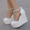 Modern / Fashion White Casual Womens Shoes 2018 Pearl Rhinestone Tassel Platform 11 cm Wedges Round Toe