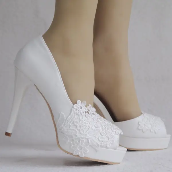 Chic / Beautiful White Wedding Shoes 2018 Lace 11 cm Stiletto Heels Open / Peep Toe Wedding High Heels