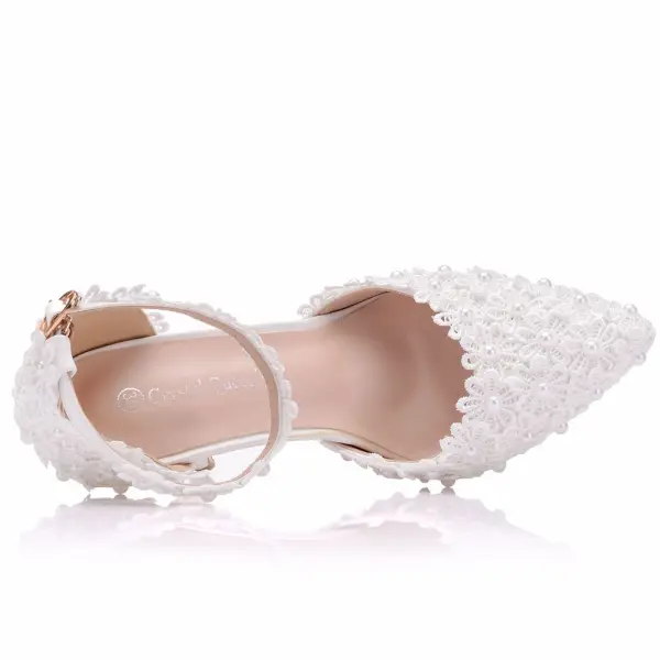 Chic / Beautiful Black Wedding Shoes 2018 Pearl Lace Ankle Strap 9 cm Stiletto Heels Pointed Toe Wedding High Heels