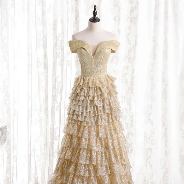 Glitzernden Sexy Gold Rüschen Abendkleider 2021 A Linie Off Shoulder Pailletten Kurze Ärmel Rückenfreies Lange Festliche Kleider