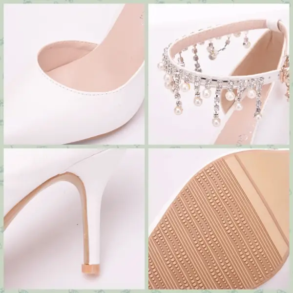 Modest / Simple White Wedding Shoes 2018 Pearl Rhinestone Tassel 8 cm Stiletto Heels Pointed Toe Wedding High Heels