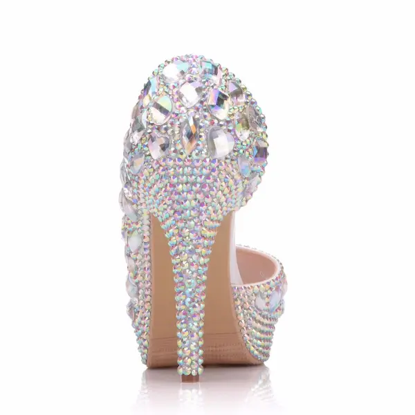 Amazing / Unique Silver Wedding Shoes 2018 Crystal 11 cm Stiletto Heels Open / Peep Toe Wedding High Heels
