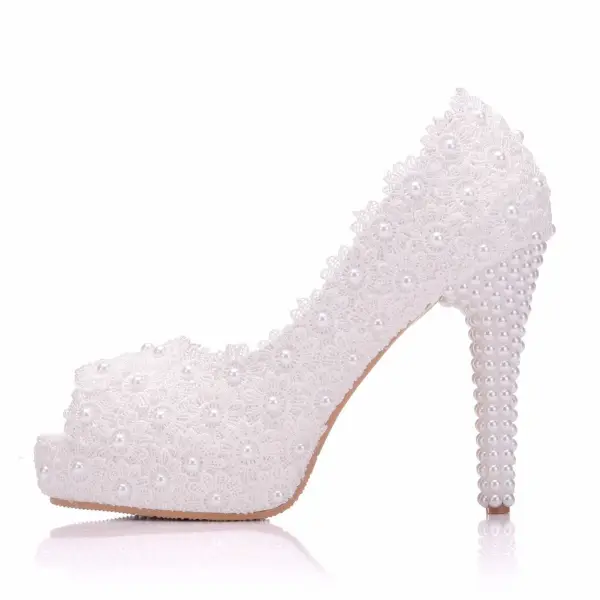 Chic / Beautiful White Wedding Shoes 2018 Lace Pearl 11 cm Thick Heels Open / Peep Toe Wedding High Heels