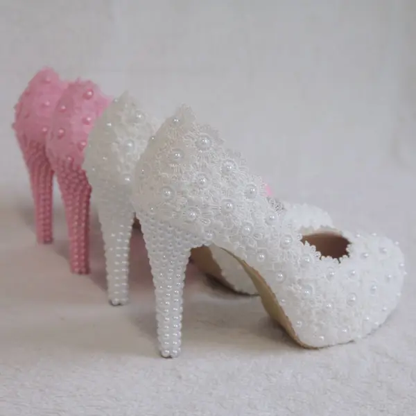 Chic / Beautiful White Wedding Shoes 2018 Lace Pearl 11 cm Stiletto Heels Round Toe Wedding Pumps