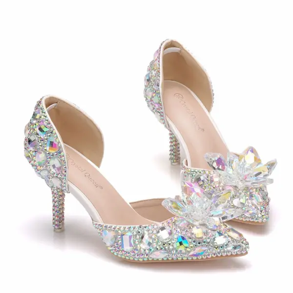 Unika Silver Brudskor 2018 Kristall Rhinestone 7 cm Stilettklackar Spetsiga Bröllop Högklackade