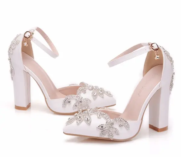 Modern / Fashion White Wedding Shoes 2018 Rhinestone Ankle Strap 10 cm Thick Heels Pointed Toe Wedding High Heels