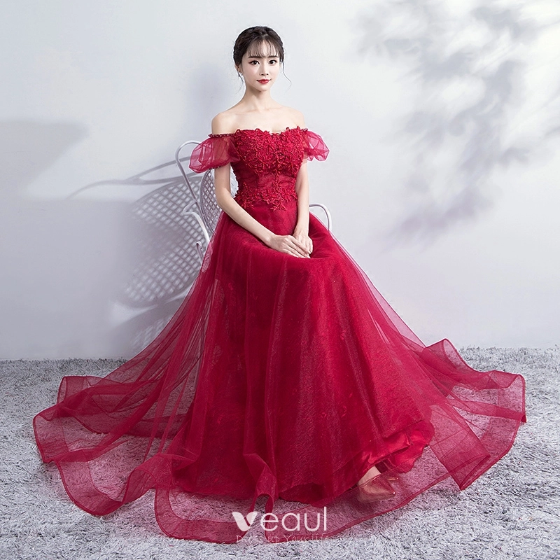 Elegant Burgundy Prom Dresses 2018 Empire Lace Flower Crystal Beading Off The Shoulder Backless Sleeveless Floor Length Long Formal Dresses