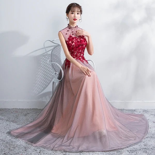 Chinese style Evening Dresses  2018 A-Line / Princess Crystal Lace Flower Appliques High Neck Backless See-through Sleeveless Floor-Length / Long Formal Dresses