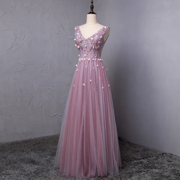 Elegant Blushing Pink Prom Dresses 2018 A-Line / Princess Appliques Crystal Pearl V-Neck Backless Sleeveless Floor-Length / Long Formal Dresses