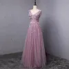 Elegant Blushing Pink Prom Dresses 2018 A-Line / Princess Appliques Crystal Pearl V-Neck Backless Sleeveless Floor-Length / Long Formal Dresses