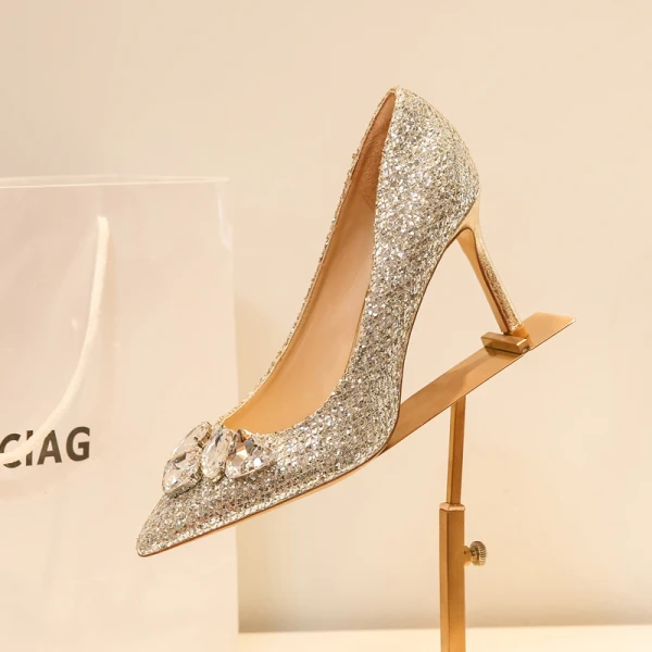 Scintillantes Argenté Chaussure De Mariée 2018 Faux Diamant Paillettes Cuir 8 cm Talons Aiguilles À Bout Pointu Mariage Escarpins