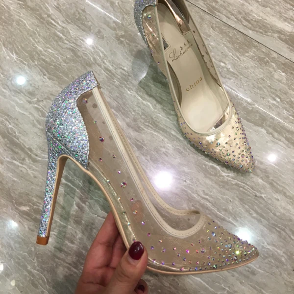 Schöne Nude Ball Pumps 2018 Strass Pailletten Leder 10 cm Stilettos Spitzschuh Pumps