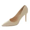 Modest / Simple Beige Wedding Shoes 2018 Lace Leather 9 cm Stiletto Heels Pointed Toe Wedding Pumps