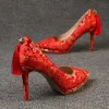 Chic / Beautiful Red Wedding Shoes 2018 Tassel Leather 10 cm Stiletto Heels Pointed Toe Pumps